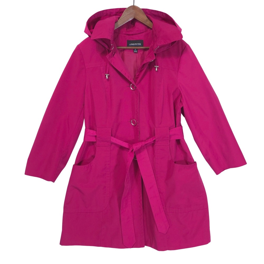 London Fog Hooded Belted Trench Coat Women XL Barbiecore Pink Lightweight Jacket